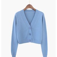 Dzianinowy sweter rozpinany damski koreańska krótka bluza z długim rękawem V neck Green Blue 5